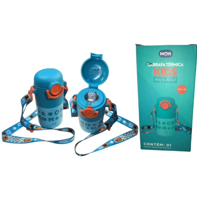 Garrafa Térmica Kids Com Alça Azul 500 Ml 8785 Mor